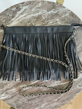 Stila Black Fringe Crossbody with Gold-Tone Chain